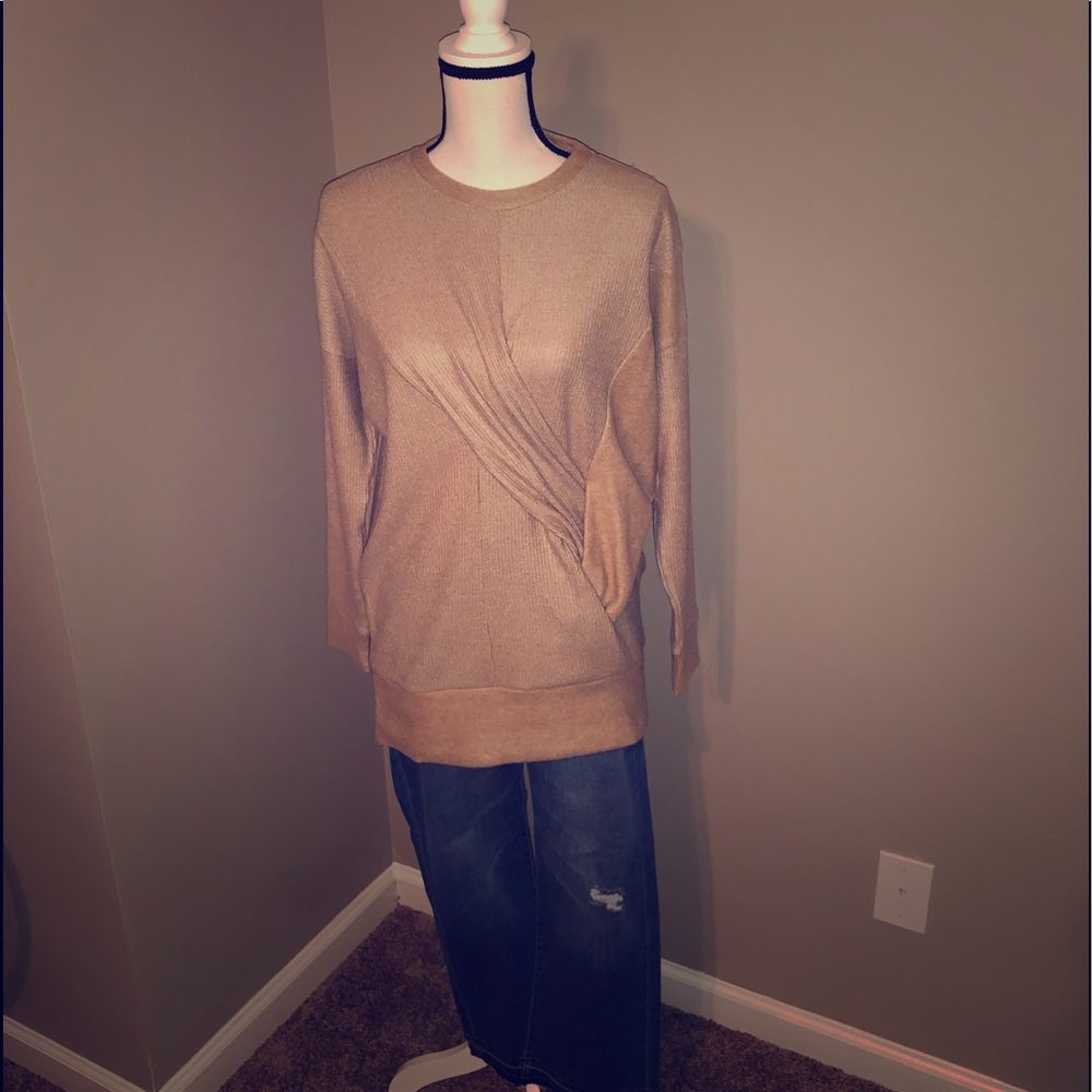 Ladies taupe twist front sweater